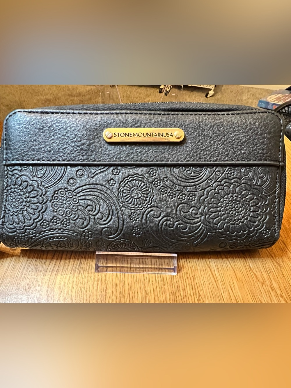 Stone Mountain Accessories Black Embossed Floral Wristlet